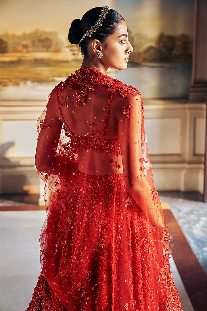 Red Net Tonal Sequins & Crystal Embroidered Bridal Lehenga Set by Seema Gujral at Pernia's Pop Up Shop