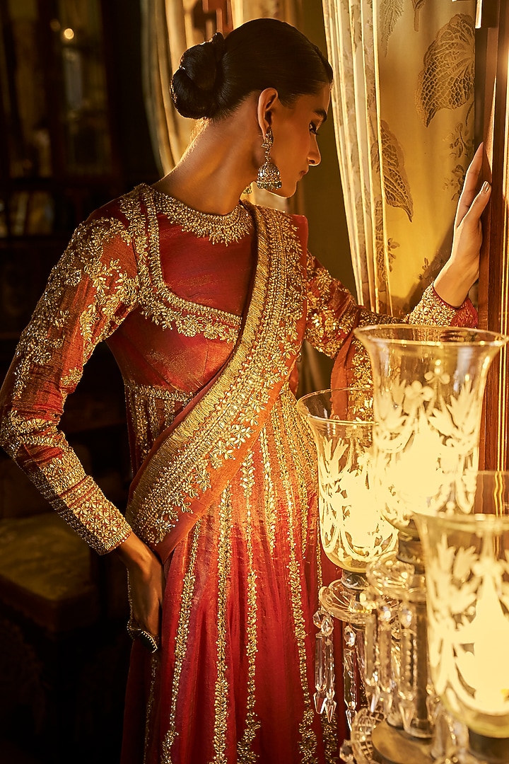 Red Tissue Silk Gota Patti Embroidered Bridal Sharara Set by Seema Gujral at Pernia's Pop Up Shop