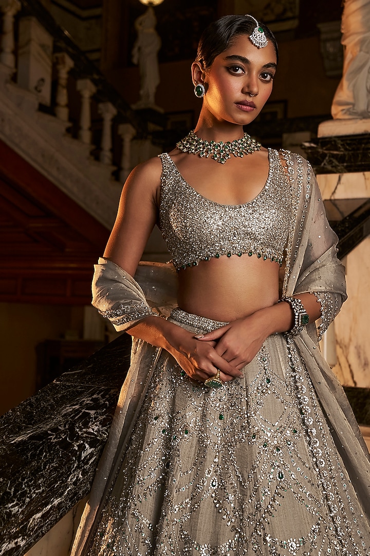 Champagne Chandelier Tissue Silk Crystal Embroidered Bridal Lehenga Set by Seema Gujral at Pernia's Pop Up Shop