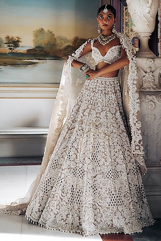 Nude Raw Silk Pearl Embroidered Lehenga Set by Seema Gujral