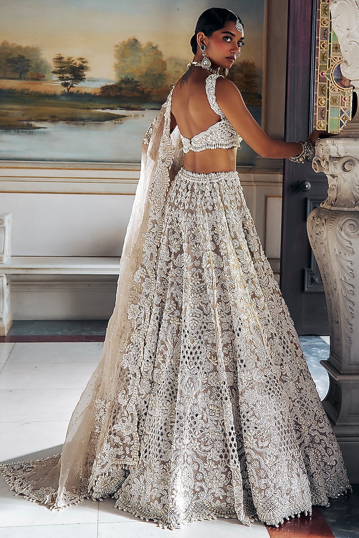 Nude Raw Silk Pearl Embroidered Bridal Lehenga Set by Seema Gujral at Pernia's Pop Up Shop