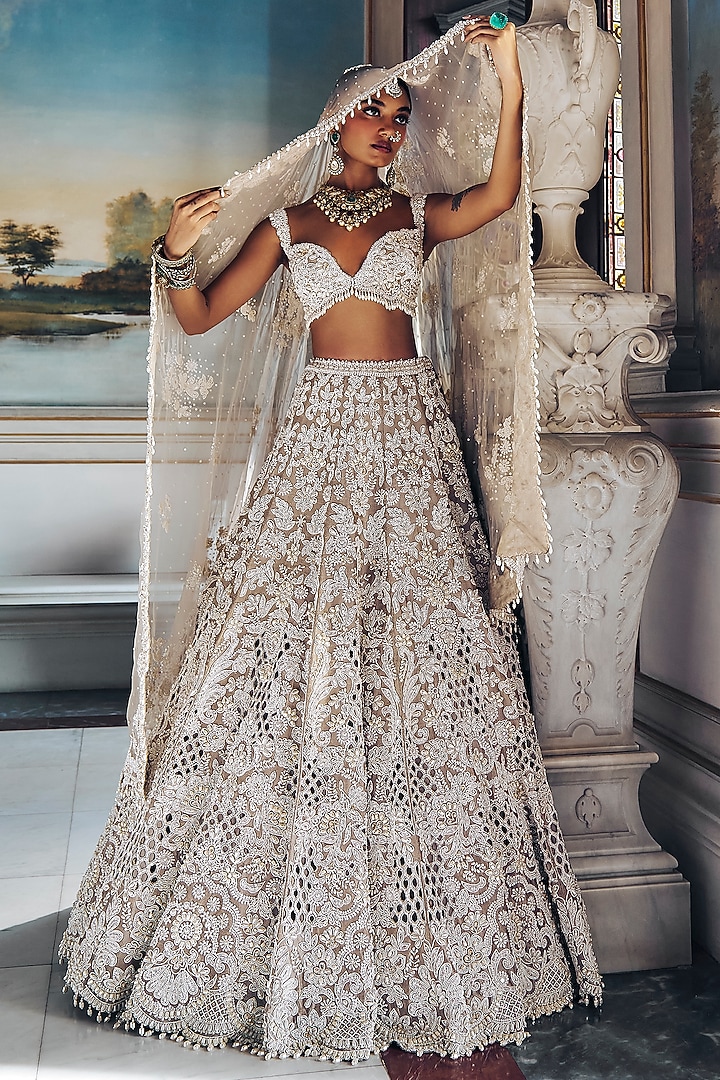 Nude Raw Silk Pearl Embroidered Bridal Lehenga Set by Seema Gujral at Pernia's Pop Up Shop