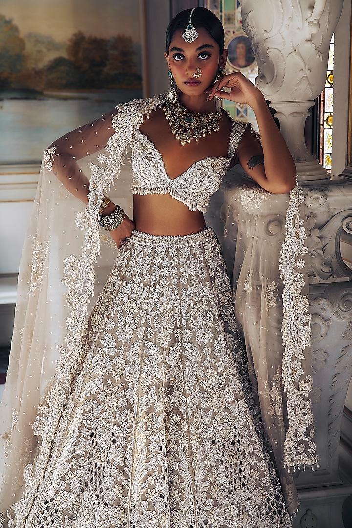 Nude Raw Silk Pearl Embroidered Bridal Lehenga Set by Seema Gujral at Pernia's Pop Up Shop