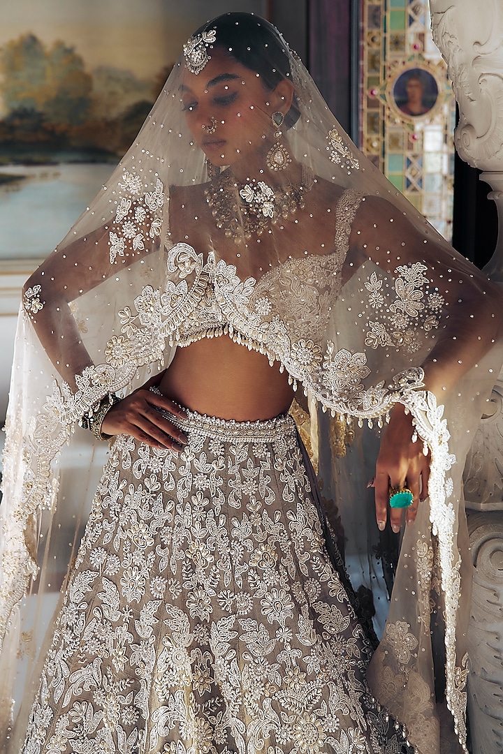 Nude Raw Silk Pearl Embroidered Bridal Lehenga Set by Seema Gujral at Pernia's Pop Up Shop