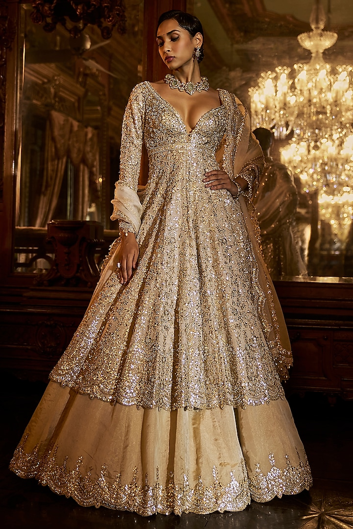 Silver & Gold Tissue Silk Gota-Patti Embroidered Jacket Lehenga Set by Seema Gujral