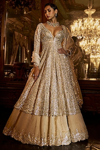 Silver & Gold Tissue Silk Gota-Patti Embroidered Jacket Lehenga Set by Seema Gujral