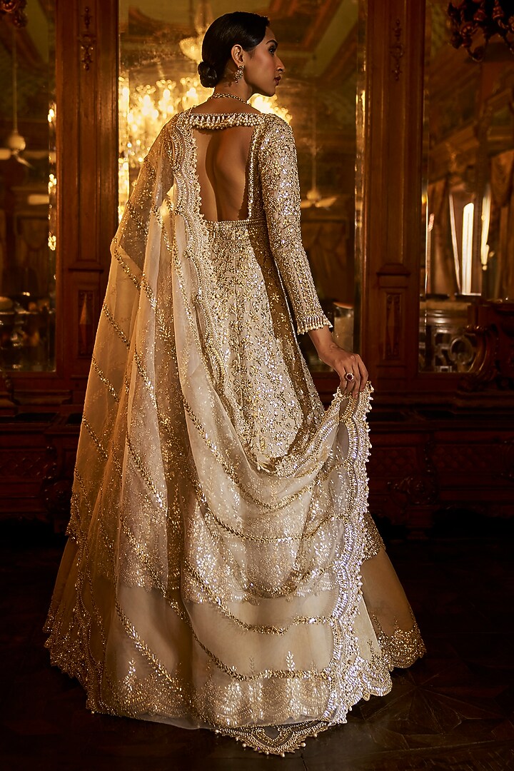 Silver & Gold Tissue Silk Gota-Patti Embroidered Jacket Bridal Lehenga Set by Seema Gujral at Pernia's Pop Up Shop