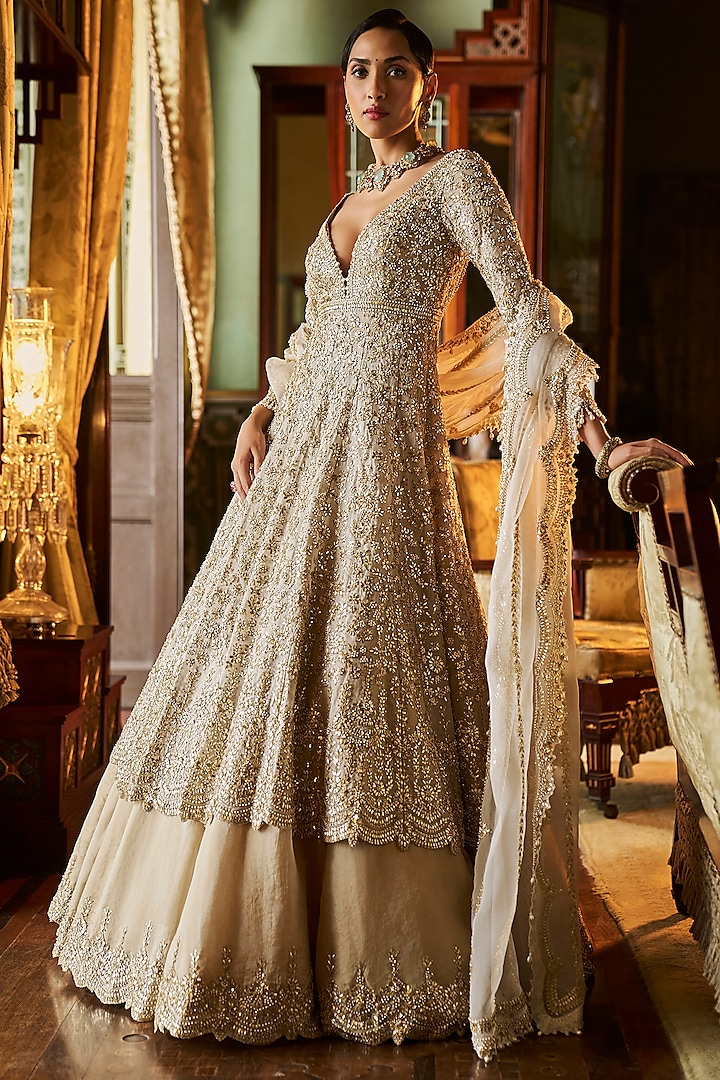 Silver & Gold Tissue Silk Gota-Patti Embroidered Jacket Bridal Lehenga Set by Seema Gujral at Pernia's Pop Up Shop
