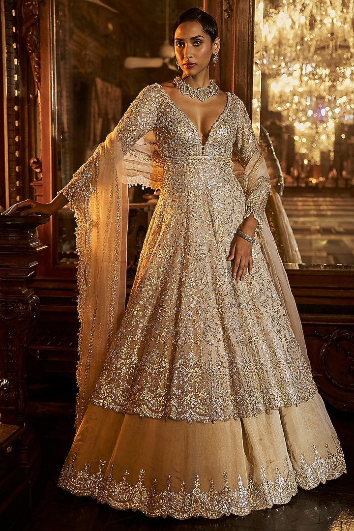 Silver & Gold Tissue Silk Gota-Patti Embroidered Jacket Bridal Lehenga Set by Seema Gujral at Pernia's Pop Up Shop