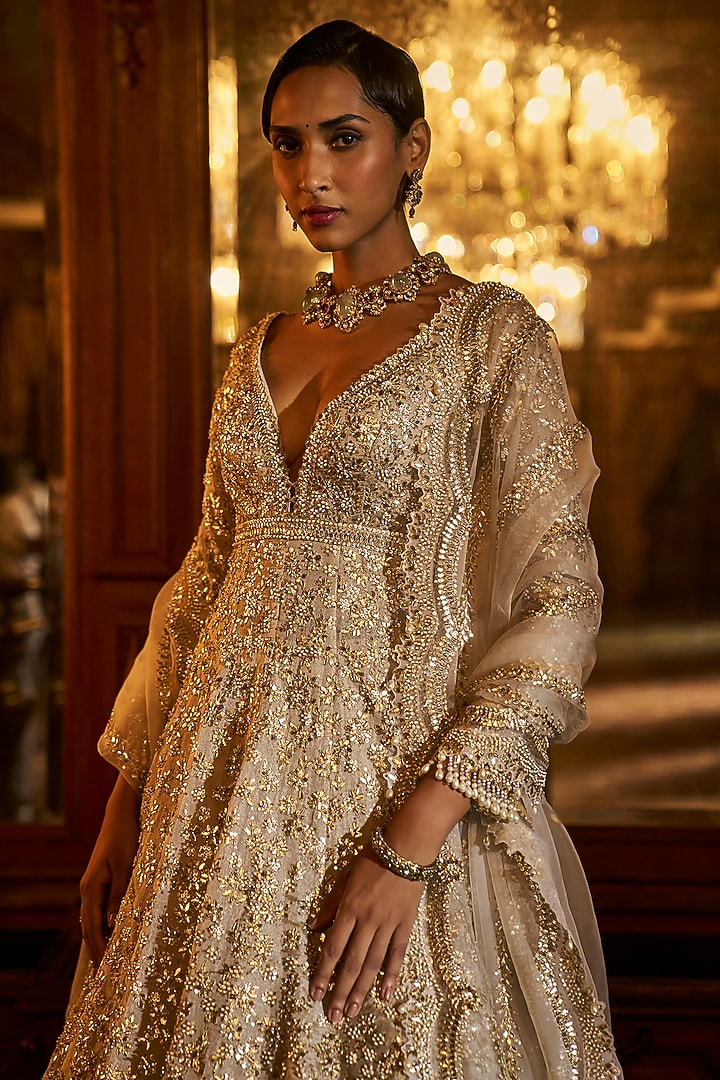 Silver & Gold Tissue Silk Gota-Patti Embroidered Jacket Bridal Lehenga Set by Seema Gujral at Pernia's Pop Up Shop