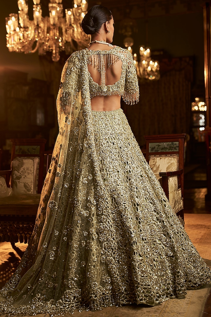Sage Green Net Cut-Work Embroidered Bridal Lehenga Set by Seema Gujral at Pernia's Pop Up Shop