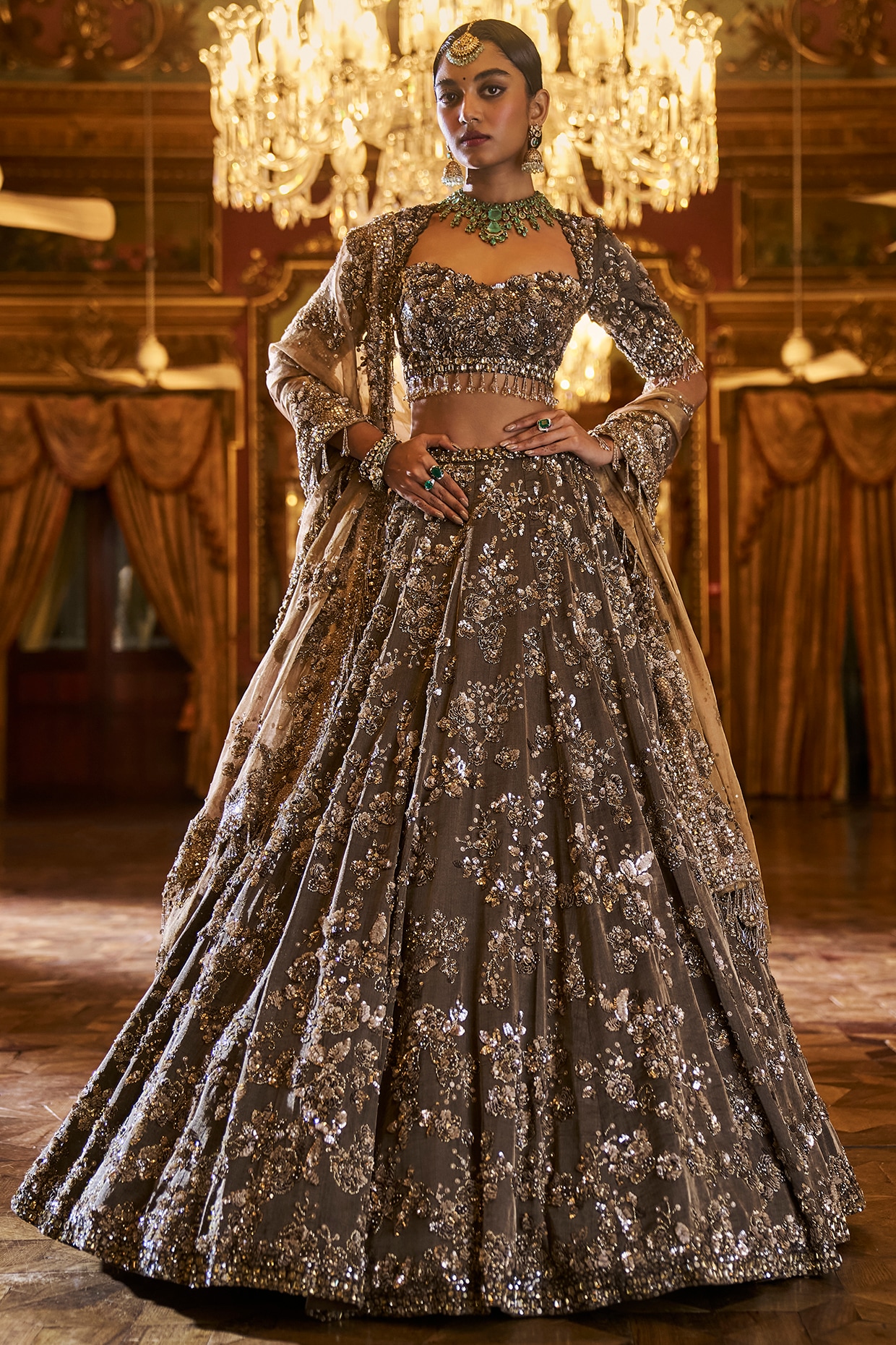 Roohani Rang Viscose Silk Sequins Mirror work Jacket Lehenga Set - Mocha Brown