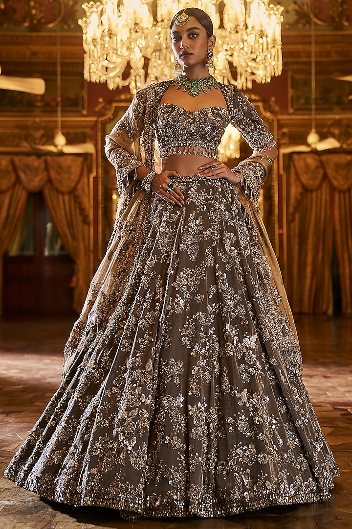 Antique Coffee Brown Tissue Silk Sequins Embroidered Lehenga Set by Seema Gujral