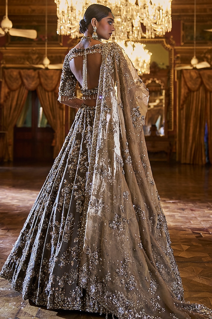 Antique Coffee Brown Tissue Silk Sequins Embroidered Bridal Lehenga Set by Seema Gujral at Pernia's Pop Up Shop