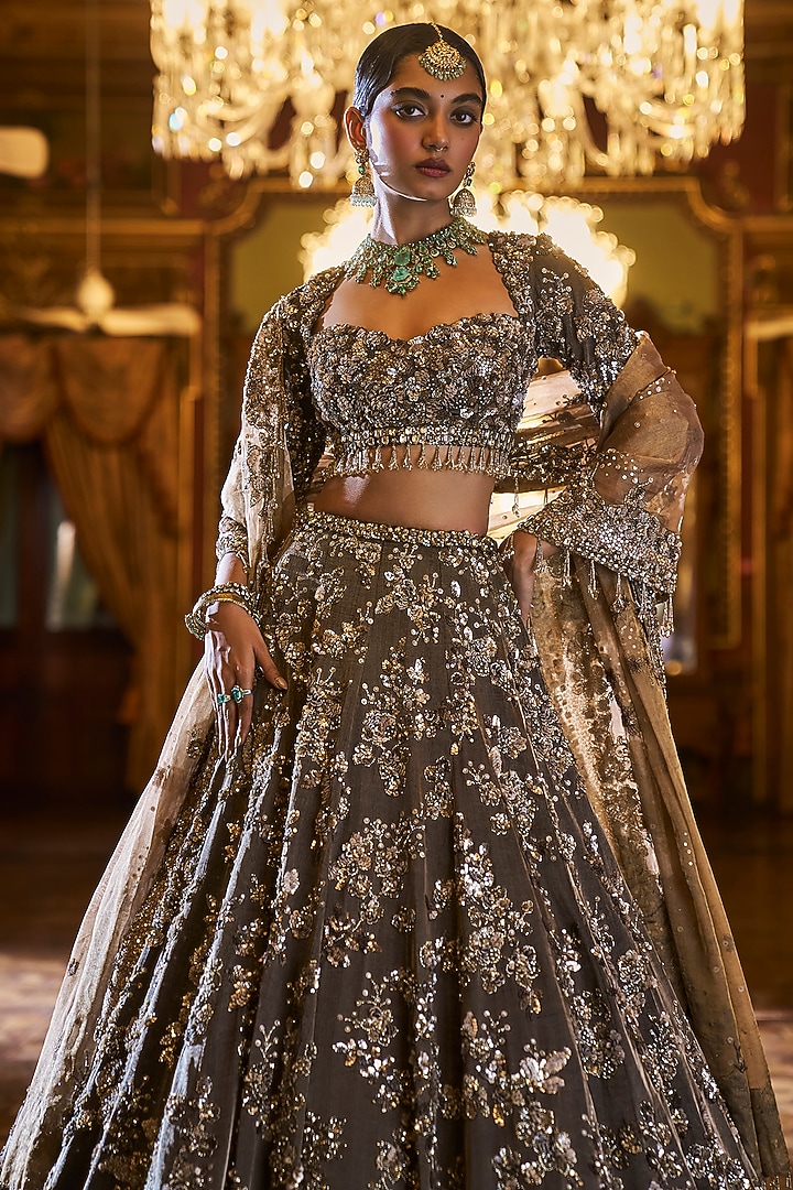 Antique Coffee Brown Tissue Silk Sequins Embroidered Bridal Lehenga Set by Seema Gujral at Pernia's Pop Up Shop