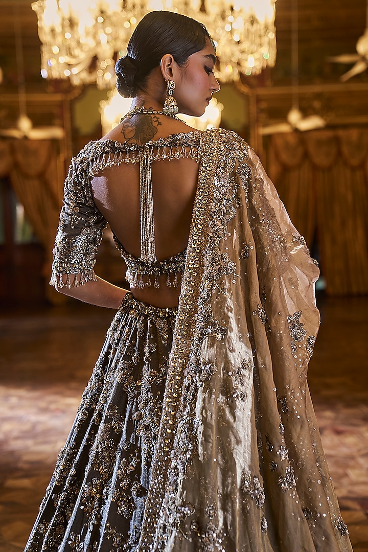 Antique Coffee Brown Tissue Silk Sequins Embroidered Bridal Lehenga Set by Seema Gujral at Pernia's Pop Up Shop