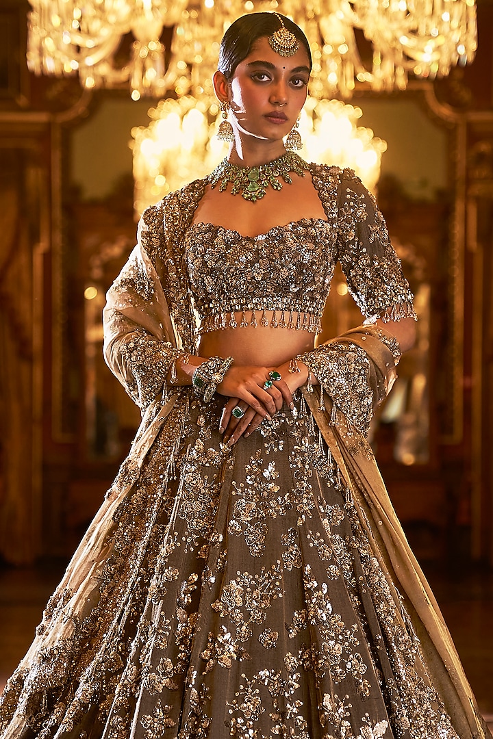 Antique Coffee Brown Tissue Silk Sequins Embroidered Bridal Lehenga Set by Seema Gujral at Pernia's Pop Up Shop