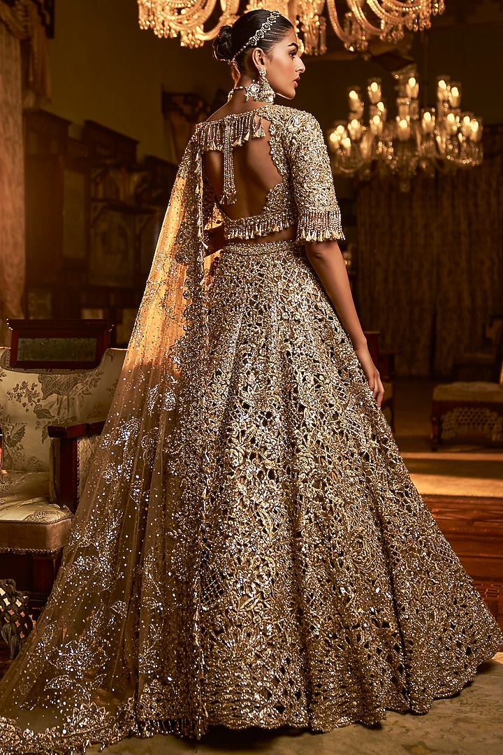 Antique Gold Net Cut-Work Embroidered Bridal Lehenga Set by Seema Gujral at Pernia's Pop Up Shop