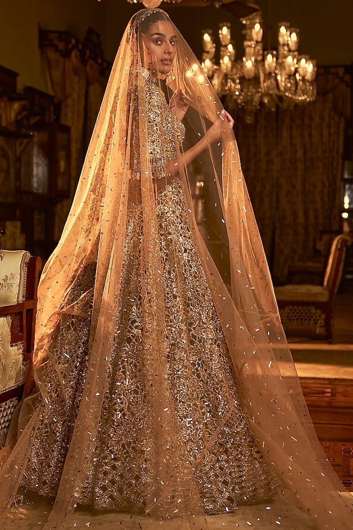 Antique Gold Net Cut-Work Embroidered Bridal Lehenga Set by Seema Gujral at Pernia's Pop Up Shop