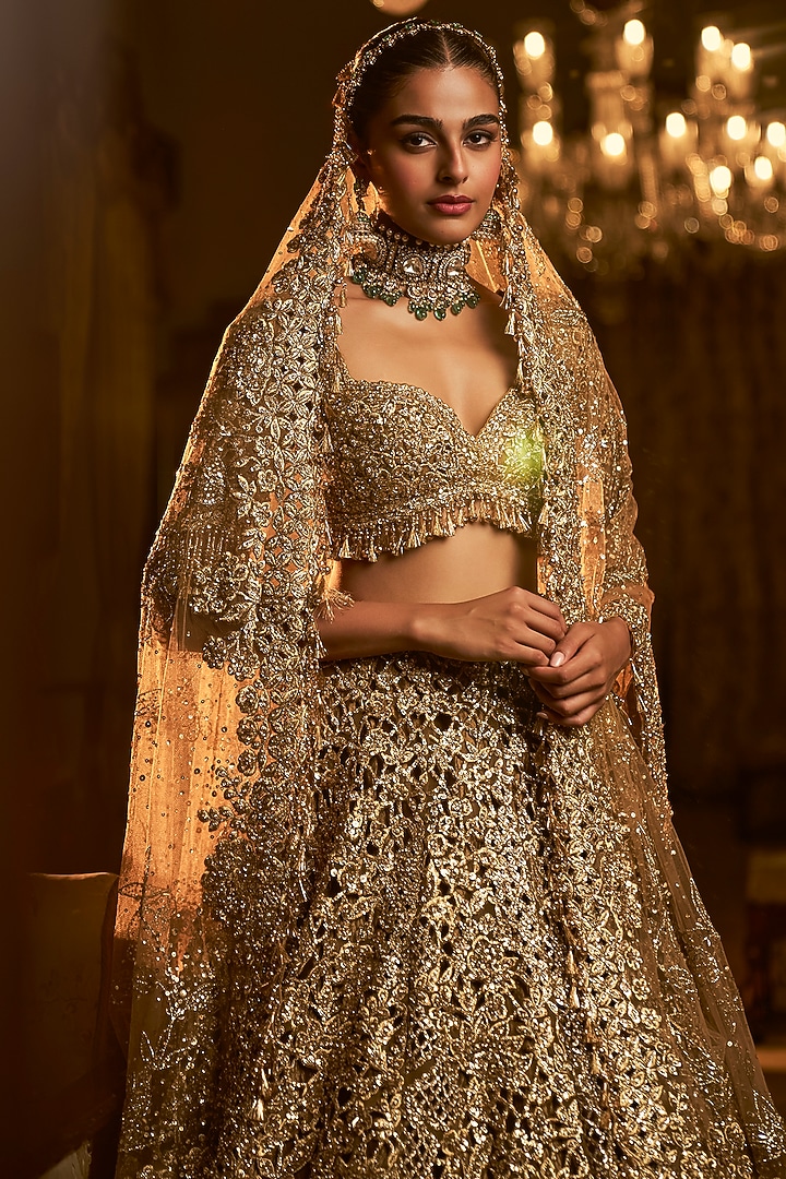 Antique Gold Net Cut-Work Embroidered Bridal Lehenga Set by Seema Gujral at Pernia's Pop Up Shop