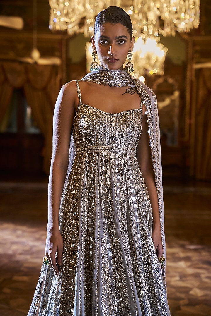 Silver Tissue Silk Sequins Embroidered Kurta Set by Seema Gujral at Pernia's Pop Up Shop