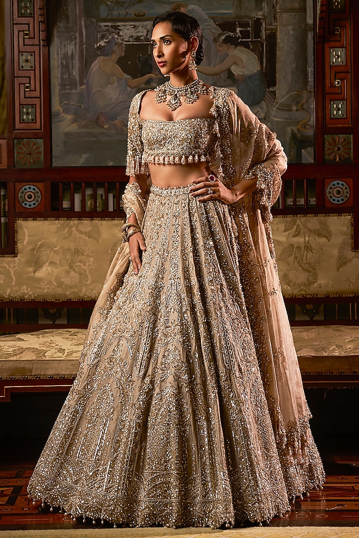 Gold & Silver Tissue Silk Cutwork Embroidered Lehenga Set by Seema Gujral