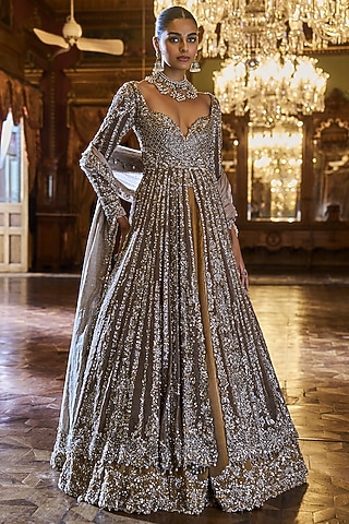 Deep Mustard Tissue Silk Sequins Embroidered Jacket Lehenga Set by Seema Gujral