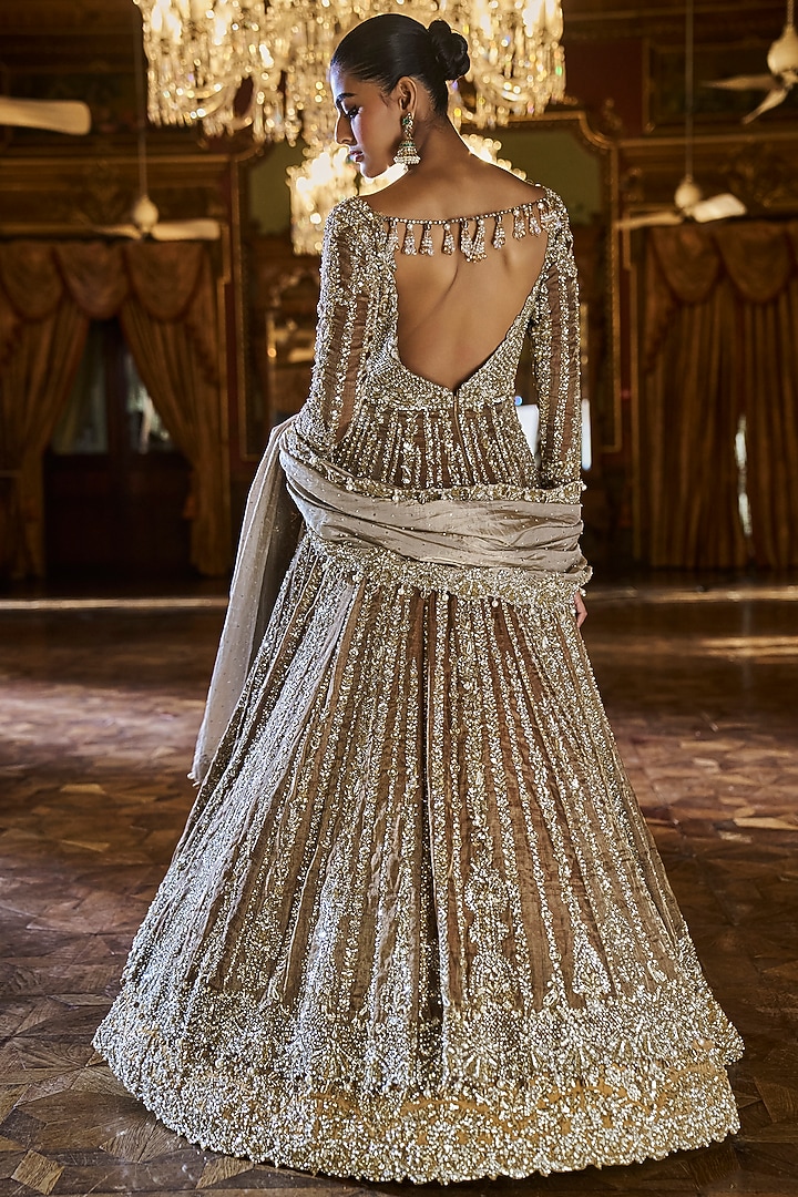 Deep Mustard Tissue Silk Sequins Embroidered Jacket Bridal Lehenga Set by Seema Gujral at Pernia's Pop Up Shop