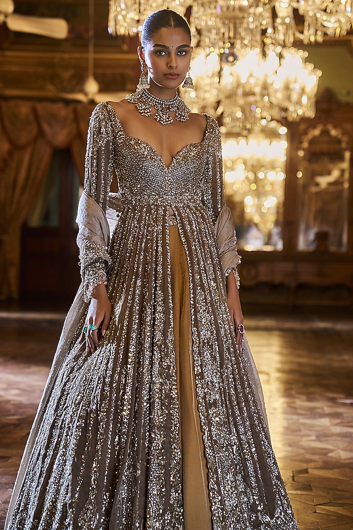 Deep Mustard Tissue Silk Sequins Embroidered Jacket Bridal Lehenga Set by Seema Gujral at Pernia's Pop Up Shop