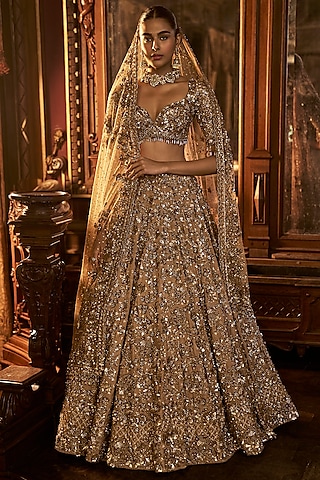 Antique Gold Tissue Silk Embroidered Lehenga Set by Seema Gujral