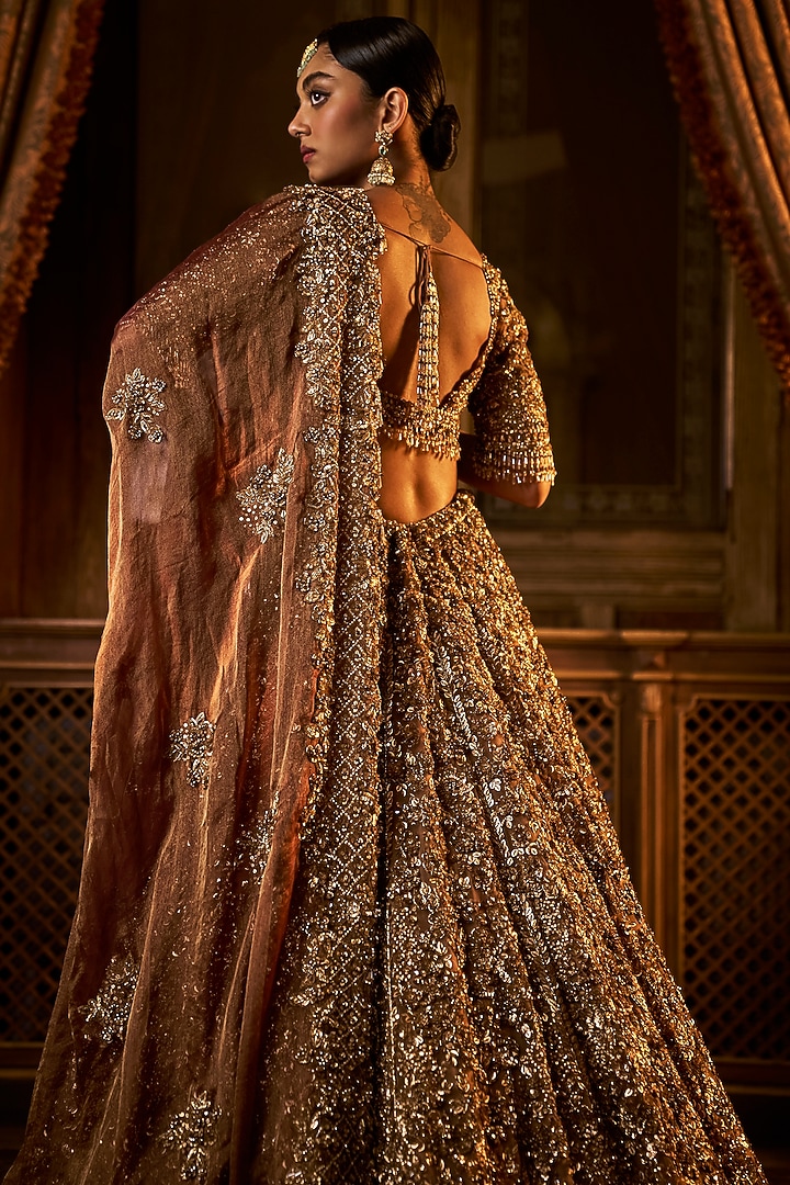Bronze Tissue Organza Sequins & Beads Embroidered Bridal Lehenga Set by Seema Gujral at Pernia's Pop Up Shop