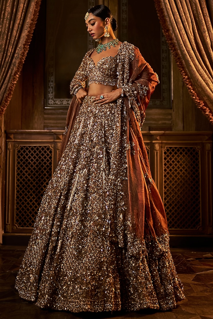 Bronze Tissue Organza Sequins & Beads Embroidered Bridal Lehenga Set by Seema Gujral at Pernia's Pop Up Shop