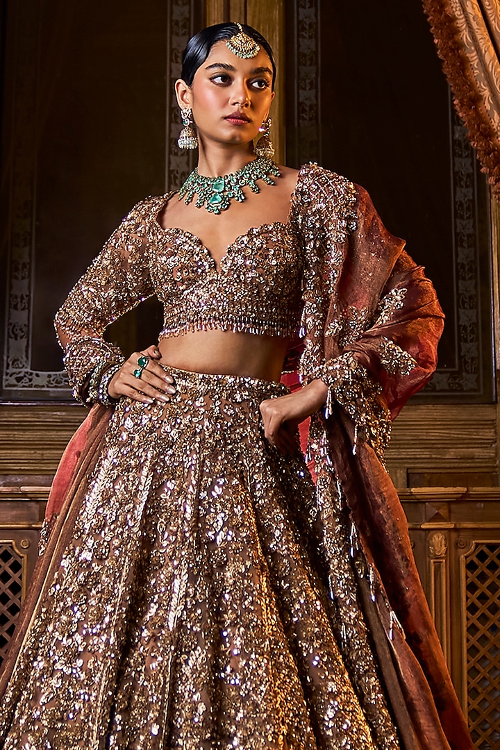 Bronze Tissue Organza Sequins & Beads Embroidered Bridal Lehenga Set by Seema Gujral at Pernia's Pop Up Shop