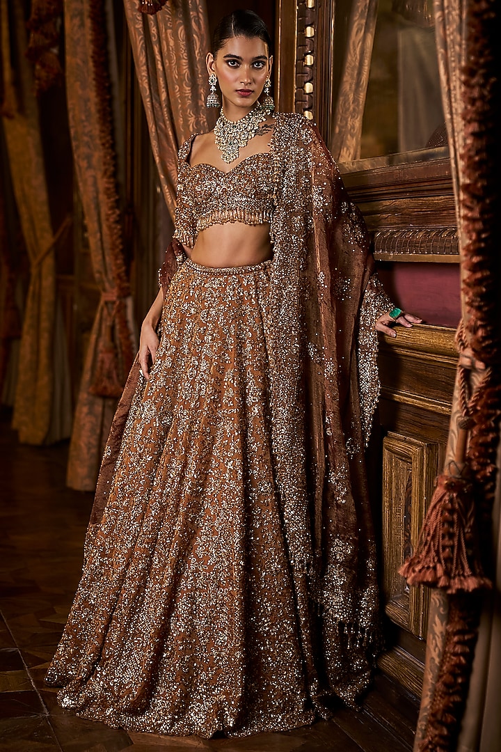 Mustard Tissue Organza Sequins & Beads Embroidered Lehenga Set by Seema Gujral