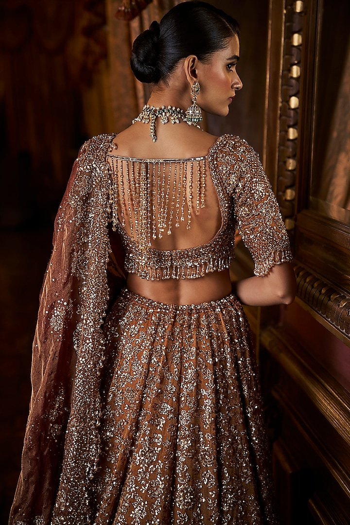 Mustard Tissue Organza Sequins & Beads Embroidered Bridal Lehenga Set by Seema Gujral at Pernia's Pop Up Shop