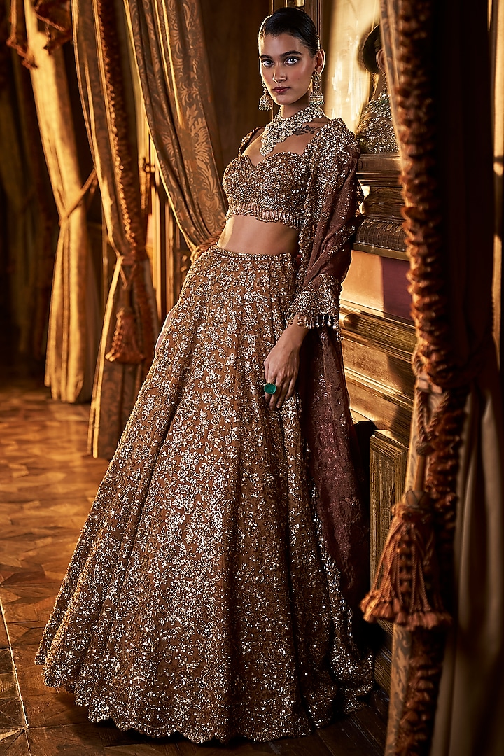 Mustard Tissue Organza Sequins & Beads Embroidered Bridal Lehenga Set by Seema Gujral at Pernia's Pop Up Shop