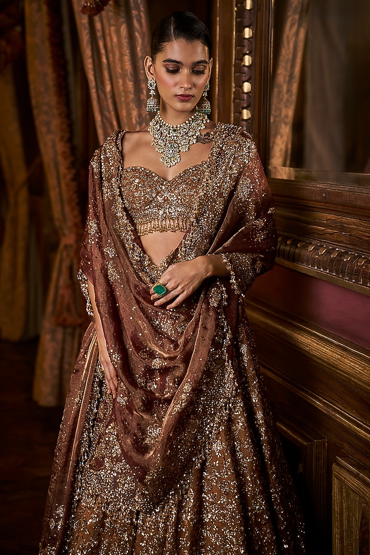 Mustard Tissue Organza Sequins & Beads Embroidered Bridal Lehenga Set by Seema Gujral at Pernia's Pop Up Shop