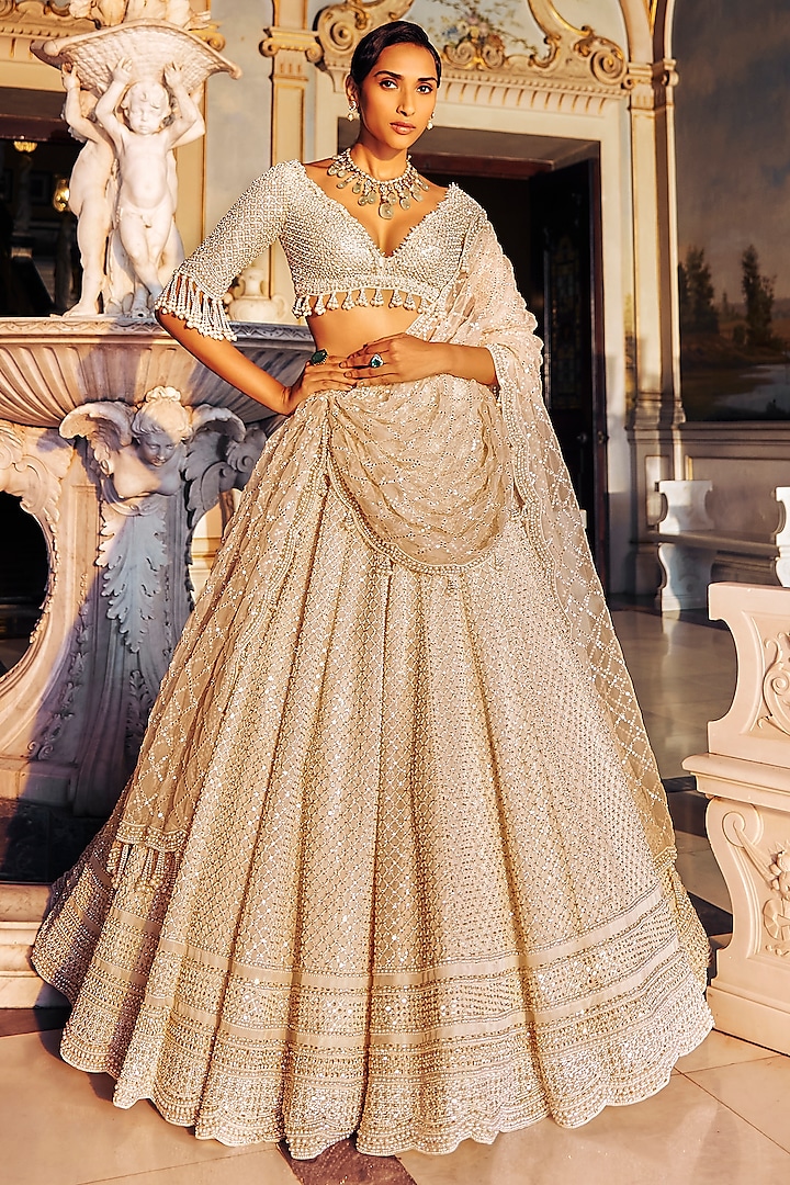 Ivory Organza Pearl Embroidered Lehenga Set by Seema Gujral