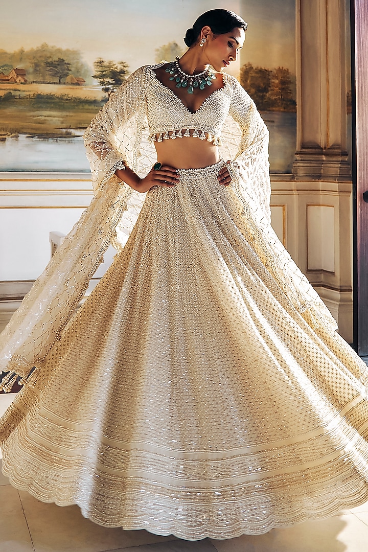 Ivory Organza Pearl Embroidered Bridal Lehenga Set by Seema Gujral at Pernia's Pop Up Shop