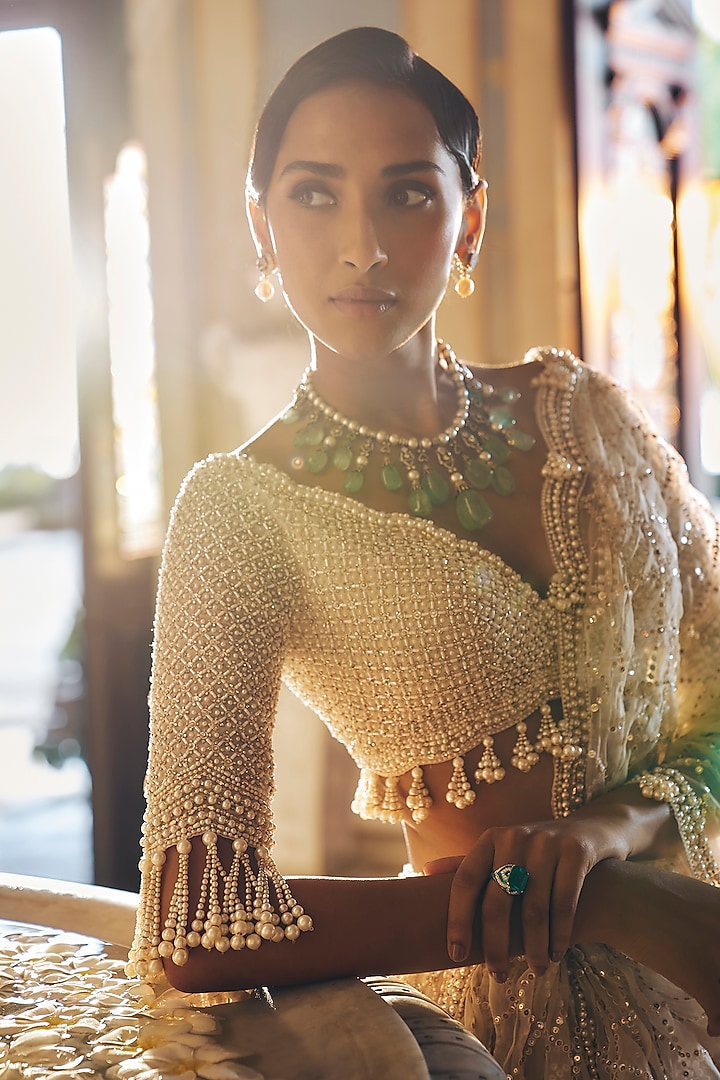 Ivory Organza Pearl Embroidered Bridal Lehenga Set by Seema Gujral at Pernia's Pop Up Shop