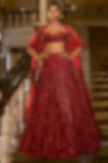 Red Net Crystal Embroidered Bridal Lehenga Set by Seema Gujral at Pernia's Pop Up Shop