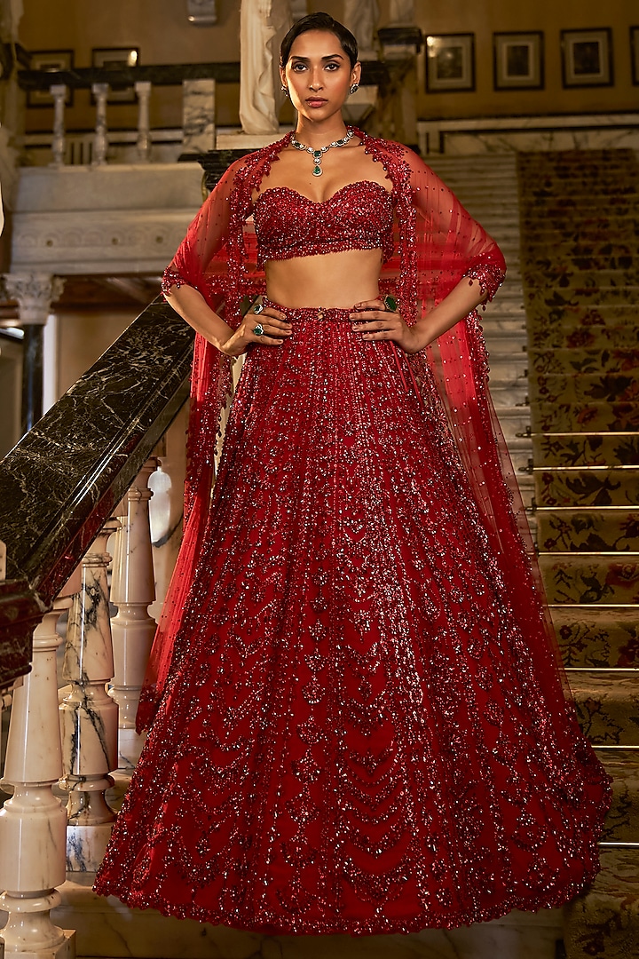 Red Net Crystal Embroidered Bridal Lehenga Set by Seema Gujral at Pernia's Pop Up Shop