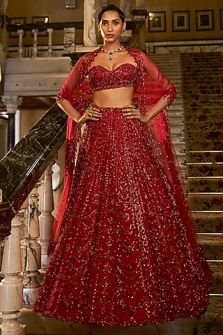 Red Net Crystal Embroidered Lehenga Set by Seema Gujral