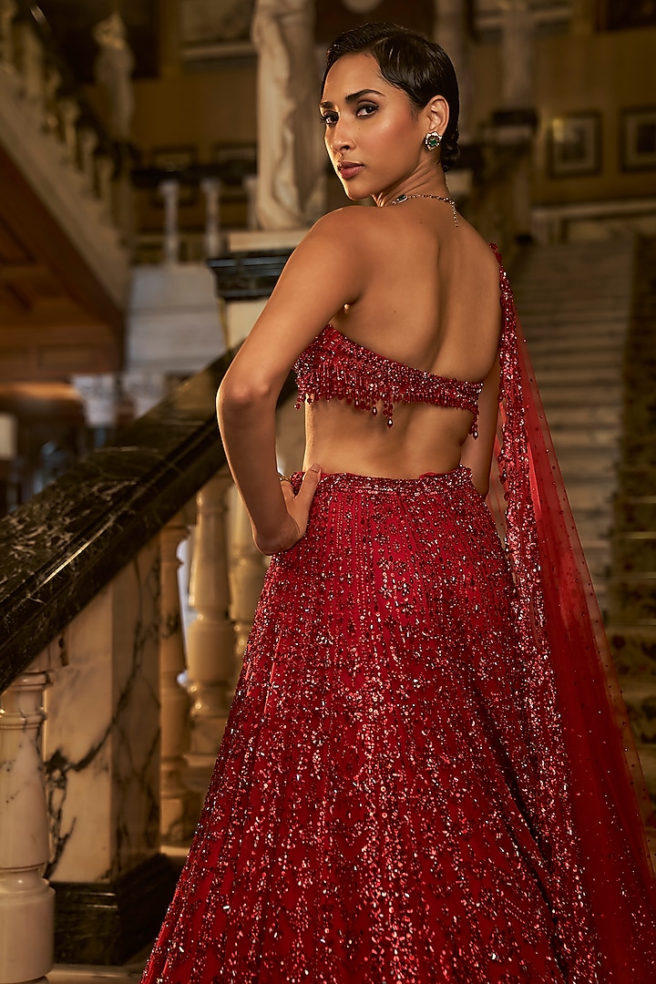 Red Net Crystal Embroidered Bridal Lehenga Set by Seema Gujral at Pernia's Pop Up Shop