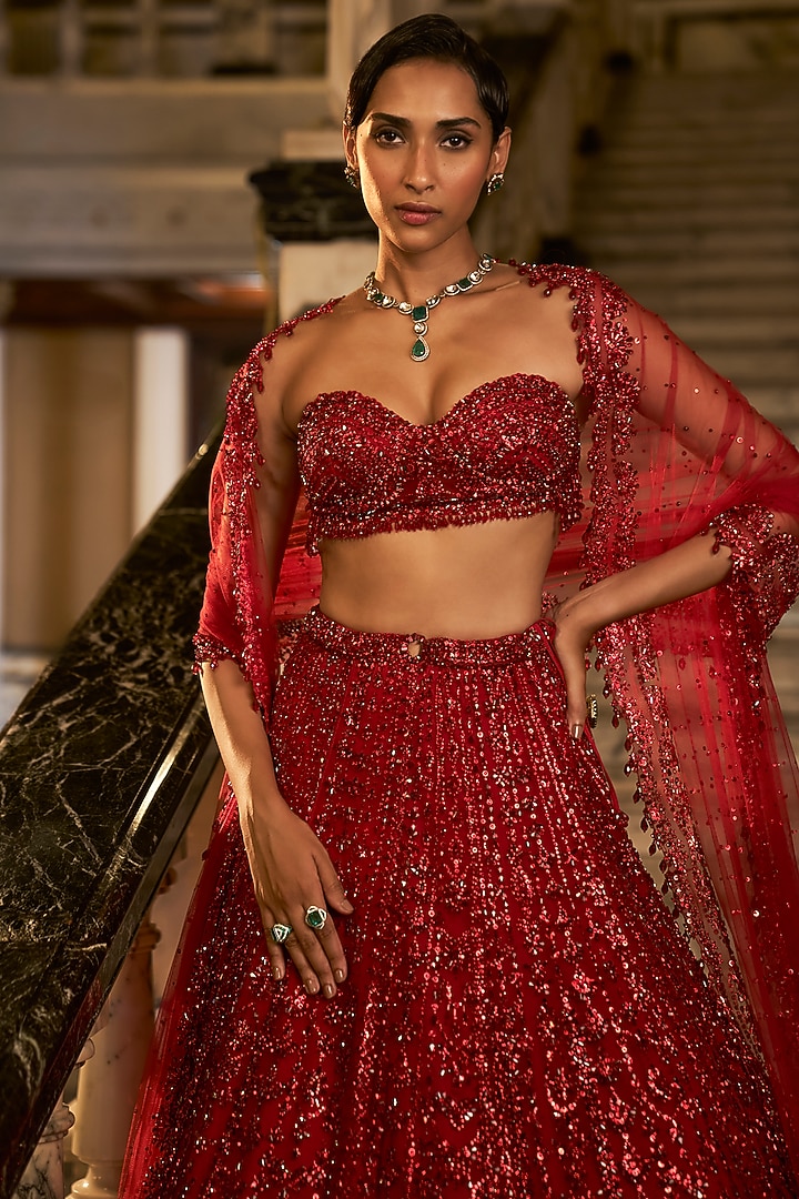 Red Net Crystal Embroidered Bridal Lehenga Set by Seema Gujral at Pernia's Pop Up Shop