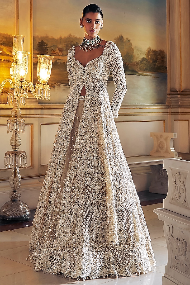 Pearl-Colored Net Cutwork Jacket Bridal Lehenga Set by Seema Gujral at Pernia's Pop Up Shop