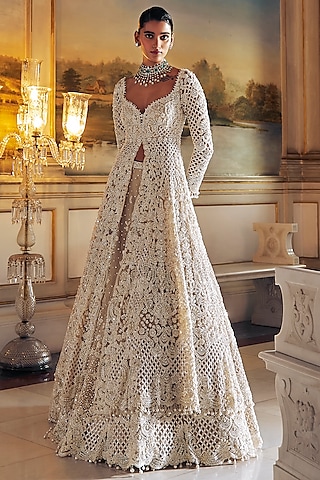 Pearl-Colored Net Cutwork Jacket Lehenga Set by Seema Gujral