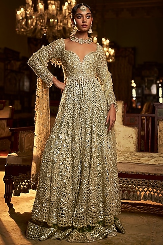 Sage Green Crush Tissue Cutwork Embroidered Sharara Set by Seema Gujral