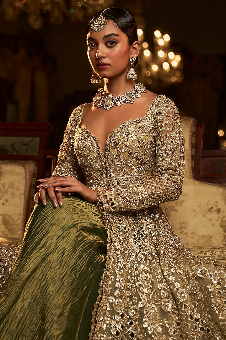 Sage Green Crush Tissue Cutwork Embroidered Bridal Sharara Set by Seema Gujral at Pernia's Pop Up Shop