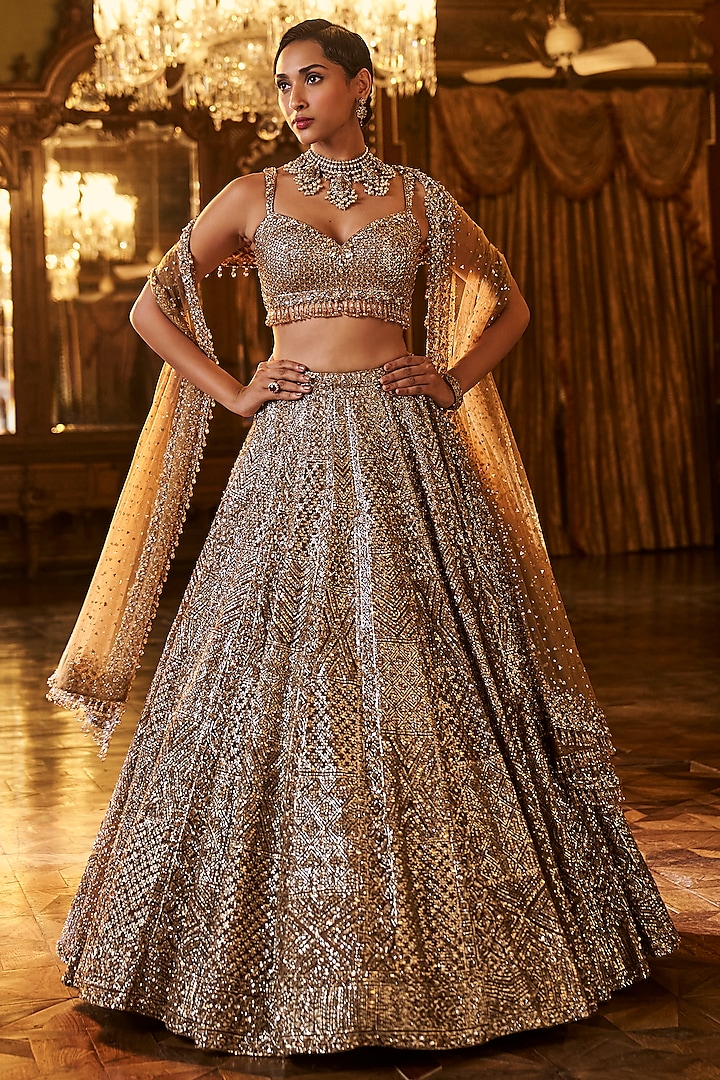 Antique Gold Net Sequins Embroidered Lehenga Set by Seema Gujral